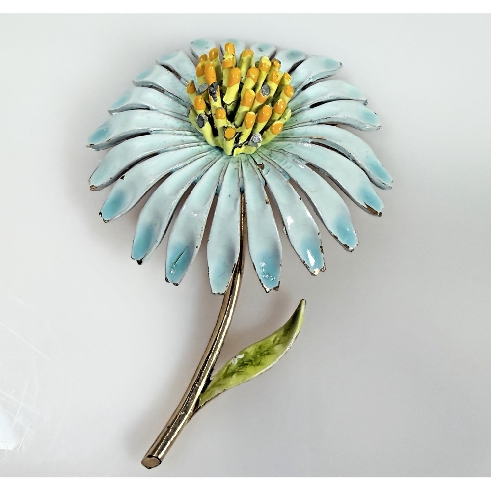 Vintage ART Flower Brooch Enamel Mod Pop Baby Blue Green Yellow Orange 3"